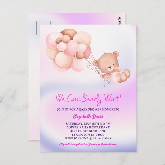 Carte Postale On Peut Attendre Le Baby shower Rose Violet Fille (Devant / Derrière)