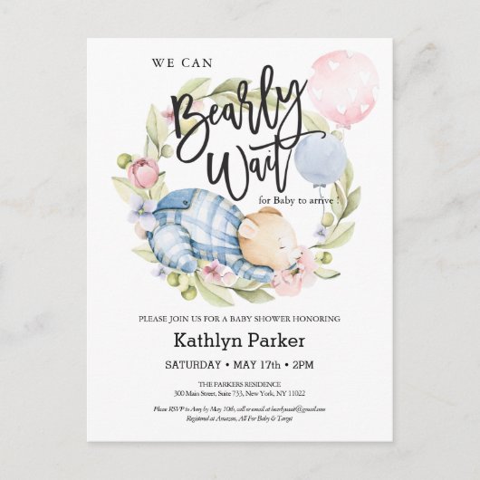 Carte Postale On Peut Attendre Le Baby shower Teddy Bear Garçon (Devant)