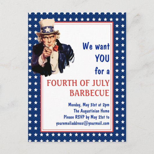 Carte Postale Oncle patriotique Sam 4 JUILLET BBQ BARBECUE (Devant)