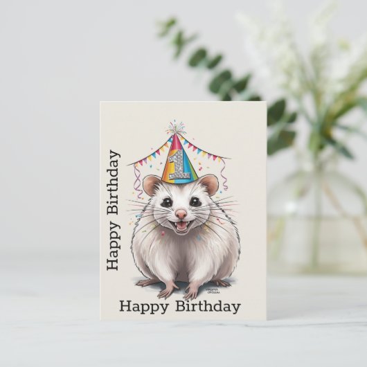 Carte Postale Opossum de Virginie portant un chapeau d'anniversa (Debout devant)