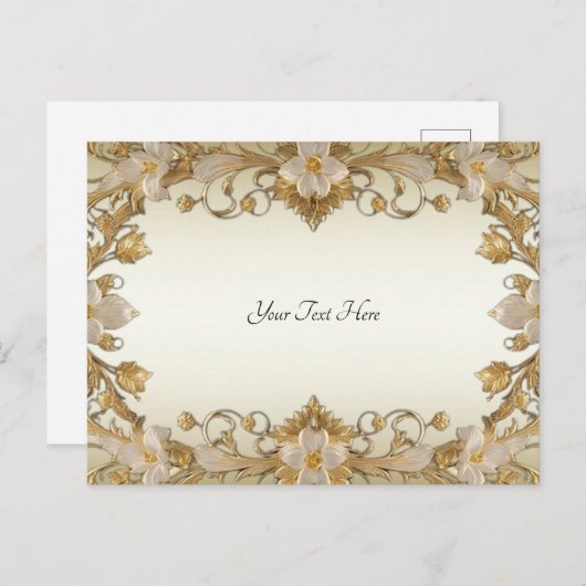 Carte postale or décorative aux fleurs blanches (Devant / Derrière)