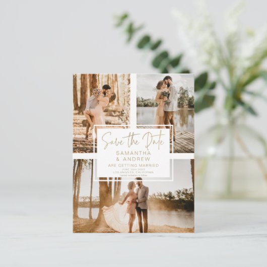 Carte Postale Or simple enregistrer la date 3 photo grille colla (Debout devant)