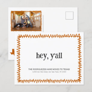 Carte Postale Orange Brûlé Hey Y'all - Déménagé au Texas