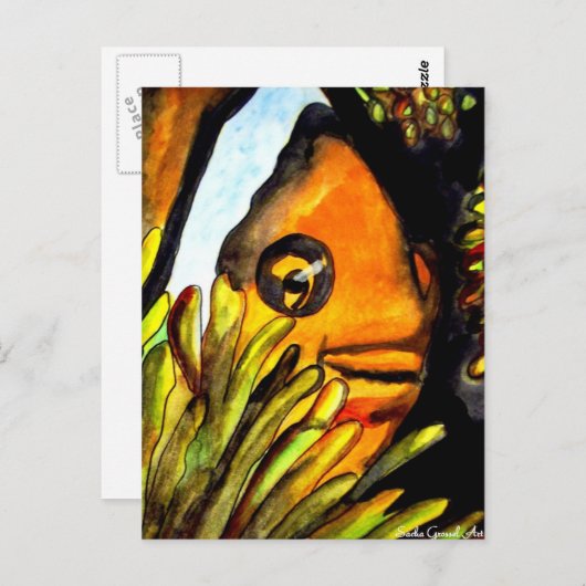 Carte Postale Orange Clown Poisson aquarelle peinture d'art orig (Devant / Derrière)