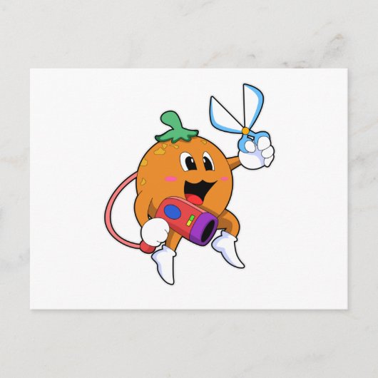 Carte Postale Orange en coiffeur avec ciseaux et sèche-cheveux (Devant)