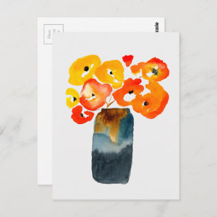 Carte Postale Orange fleurs de pavot aquarelle