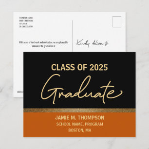 Carte Postale Orange Gold College Classe de 2025 Graduate