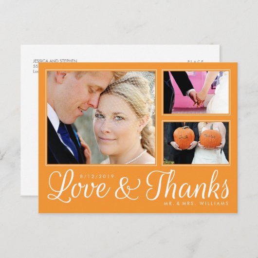 Carte Postale Orange Love Thanks Mariage 3 Photo Modern Postcard (Devant / Derrière)