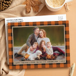 Carte Postale Orange Plaid Kraft Family Photo Bon thanksgiving<br><div class="desc">Orange Buffalo Plaid Family Photo Bon thanksgiving Kraft Holiday Postcard</div>