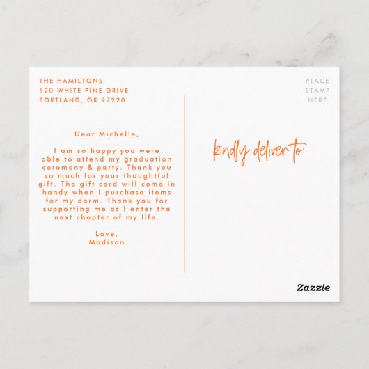 Carte Postale Orange | Preppy Script Photo Graduation Merci (Dos)