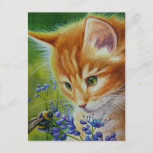 Carte Postale Orange Tabby Kitten & Bumblebee Aquarelle Art