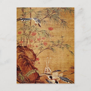 Carte Postale Orange Trois Magpies et Fleurs de Printemps, Pien
