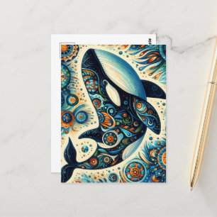 Carte Postale Orca Killer Whale Floral Whimsical Plage nautique
