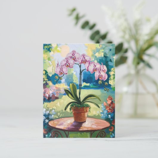 Carte Postale Orchidée dans un pot Peinture d'art botanique (Debout devant)