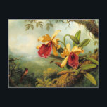 Carte postale Orchidées et colibris<br><div class="desc">Belle oeuvre vintage de Martin Johnson Heade avec deux orchidées d'or et d'orange et un petit colibri. Belle carte postale pour toute occasion.</div>