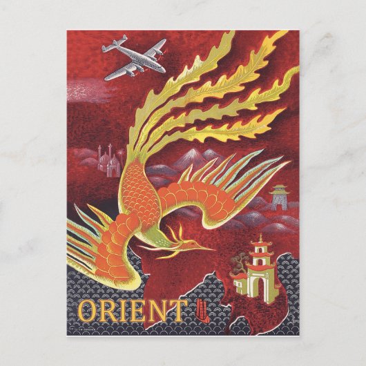 Carte Postale Orient, oiseau volant au-dessus du temple (Devant)