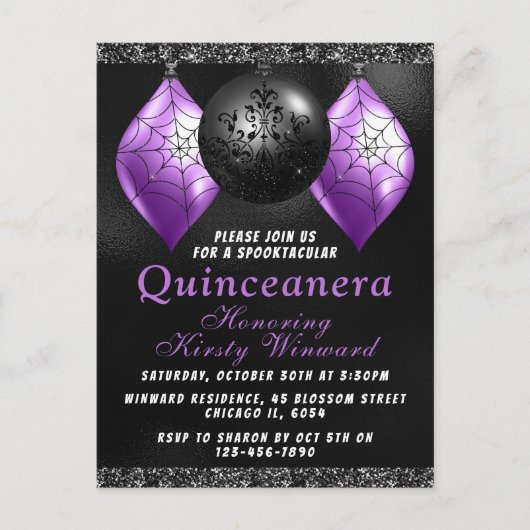 Carte Postale Ornements de Halloween violets noirs pour Quinceañ (Devant)