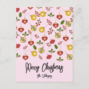 Carte Postale Ornements de Noël Festive Verdure rose