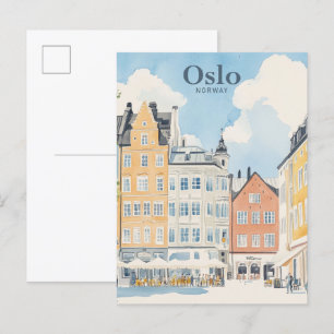 Carte Postale Oslo Norvège Peinture Gouache Illustration Voyage