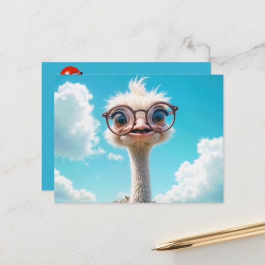 Carte Postale Ostrich porte des lunettes (Devant/Arrière en situation)