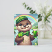 Carte Postale Otter avec bière verte, Shamrock et arc-en-ciel (Debout devant)