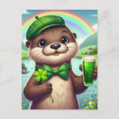 Carte Postale Otter avec bière verte, Shamrock et arc-en-ciel (Devant)