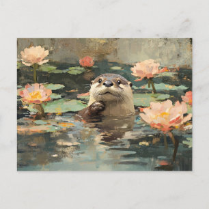 Carte Postale Otter avec des fleurs de Lotus Peinture