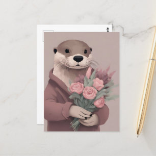 Carte Postale Otter Avec Fleurs