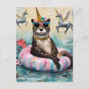 Carte Postale Otter lunaire et licornes flottantes sur une riviè
