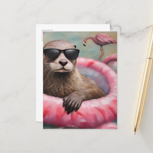 Carte Postale Otter sur un flotteur rose