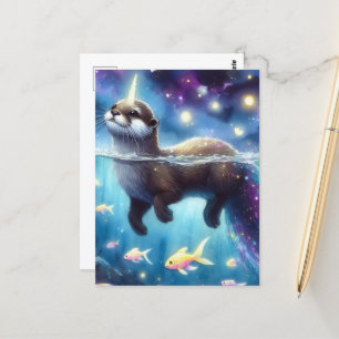 Carte Postale Otter Unicorne adorable avec poisson rouge