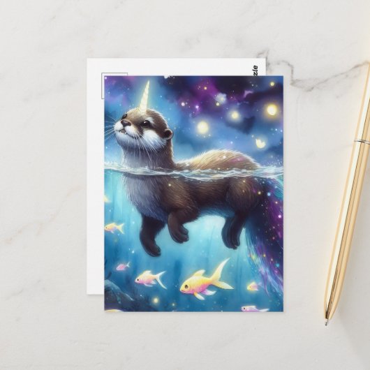 Carte Postale Otter Unicorne adorable avec poisson rouge (Devant/Arrière en situation)