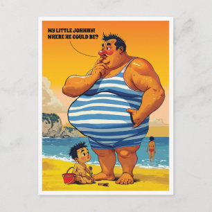 Carte Postale Où est mon petit Johnny, gros homme sur une plage,