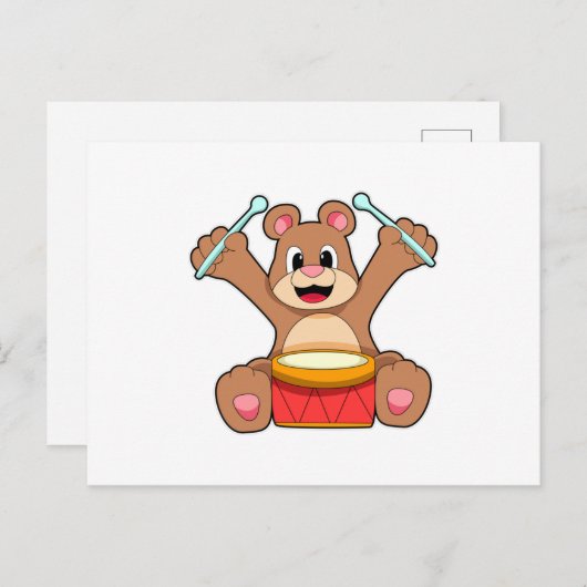 Carte Postale Ours à la musique avec tambour (Devant / Derrière)