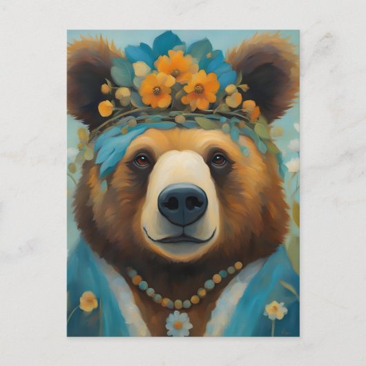 Carte Postale Ours adorable dans une couronne avec des fleurs Hi (Devant)