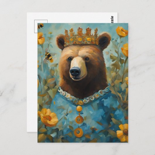 Carte Postale Ours adorable dans une couronne avec fleurs et abe (Devant / Derrière)