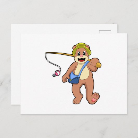 Carte Postale Ours au pêche avec canne à pêche (Devant / Derrière)