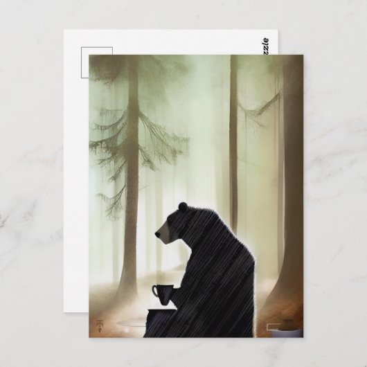 Carte Postale Ours Boire du café dans les bois (Devant / Derrière)