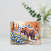 Carte Postale Ours Brown aux bleuets Pastel Chalk Art (Debout devant)