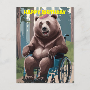 Carte Postale ours brun en fauteuil roulant nature anniversaire 