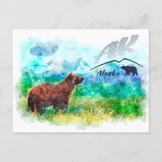 Carte Postale Ours brun Kodiak de l'Alaska (AK). Aquarelle
