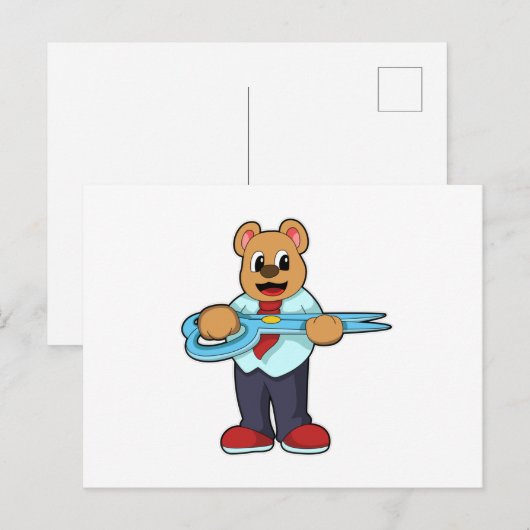 Carte Postale Ours coiffeur avec ciseaux (Devant / Derrière)