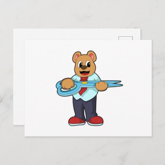 Carte Postale Ours comme coiffeur avec ciseaux (Devant / Derrière)