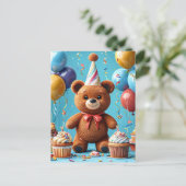 Carte Postale Ours d'anniversaire avec gâteau et ballons (Debout devant)