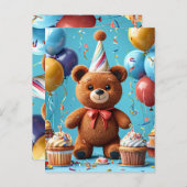 Carte Postale Ours d'anniversaire avec gâteau et ballons (Devant / Derrière)