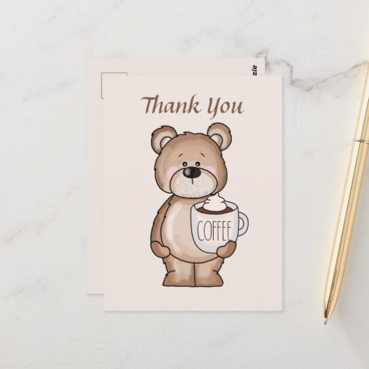 Carte Postale Ours de café mignon ajouter du texte Merci (Devant/Arrière en situation)
