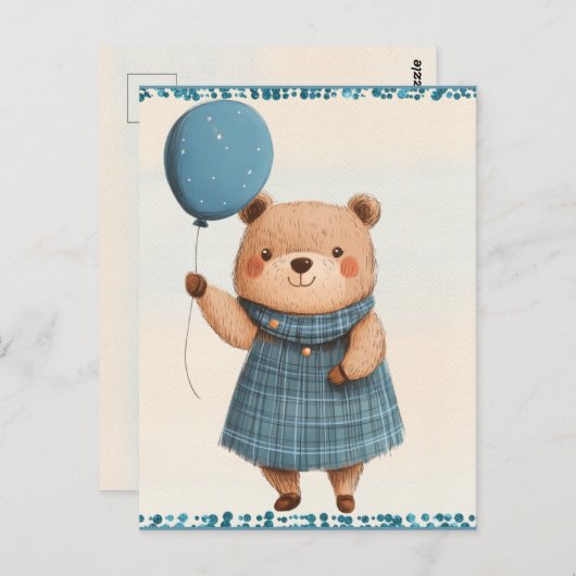 Carte Postale Ours de fille avec robe bleue plaid et ballon (Devant / Derrière)