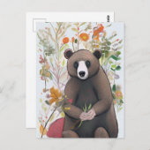 Carte Postale Ours de forêt mignonne avec fleurs de printemps Ar (Devant / Derrière)