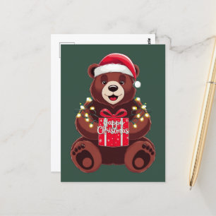 Carte Postale Ours de Noël avec Cadeau et Lumières