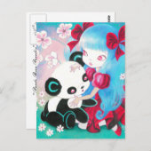 Carte Postale Ours de panda avec fille Kawaii (Devant / Derrière)